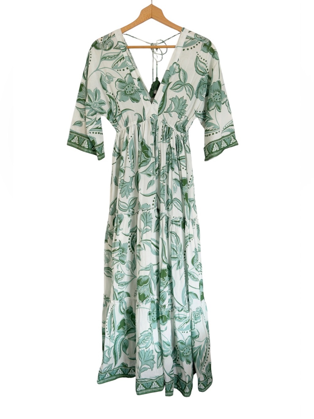 Haute Hippie Style Green Floral Tiered Boho Maxi Resortwear Coverup Dress size S
